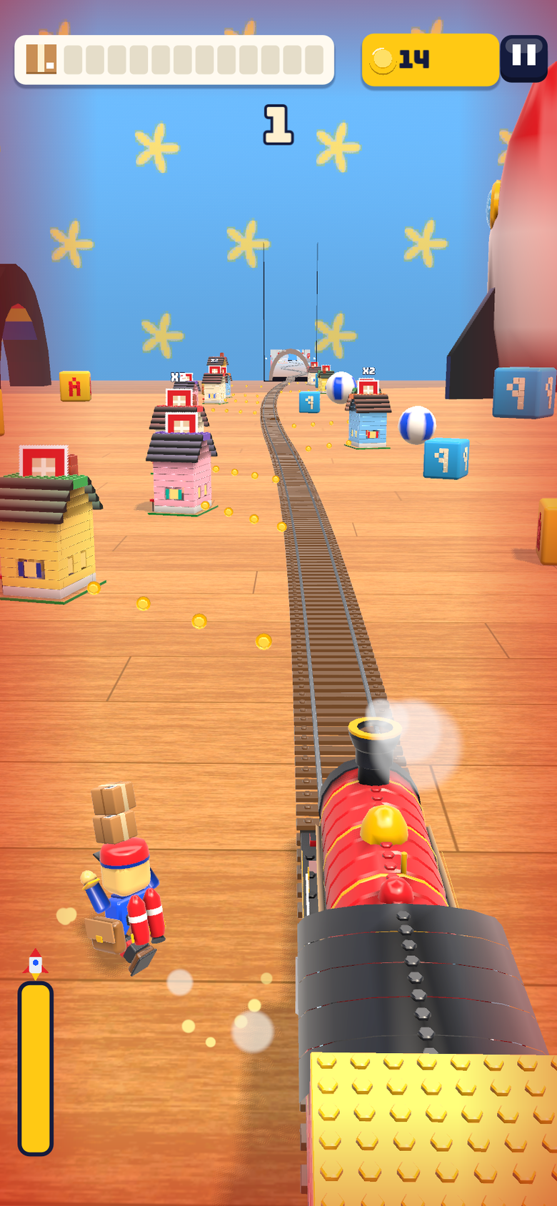 Packtrain gameplay: a toy courier running next to a brick train in a giant bedroom